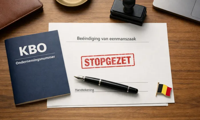 Een stopzettingsdocument met een rode stempel STOPGEZET, naast een KBO-boekje en een vulpen op een houten bureau