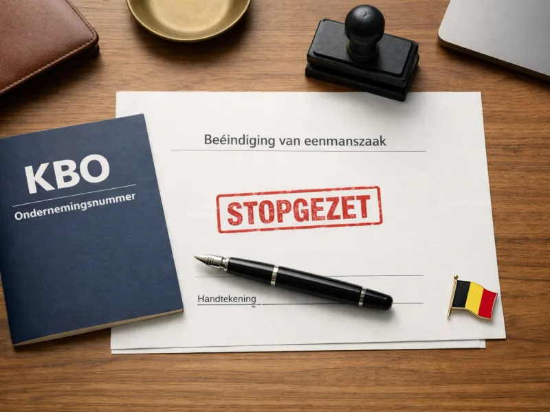Een stopzettingsdocument met een rode stempel STOPGEZET, naast een KBO-boekje en een vulpen op een houten bureau