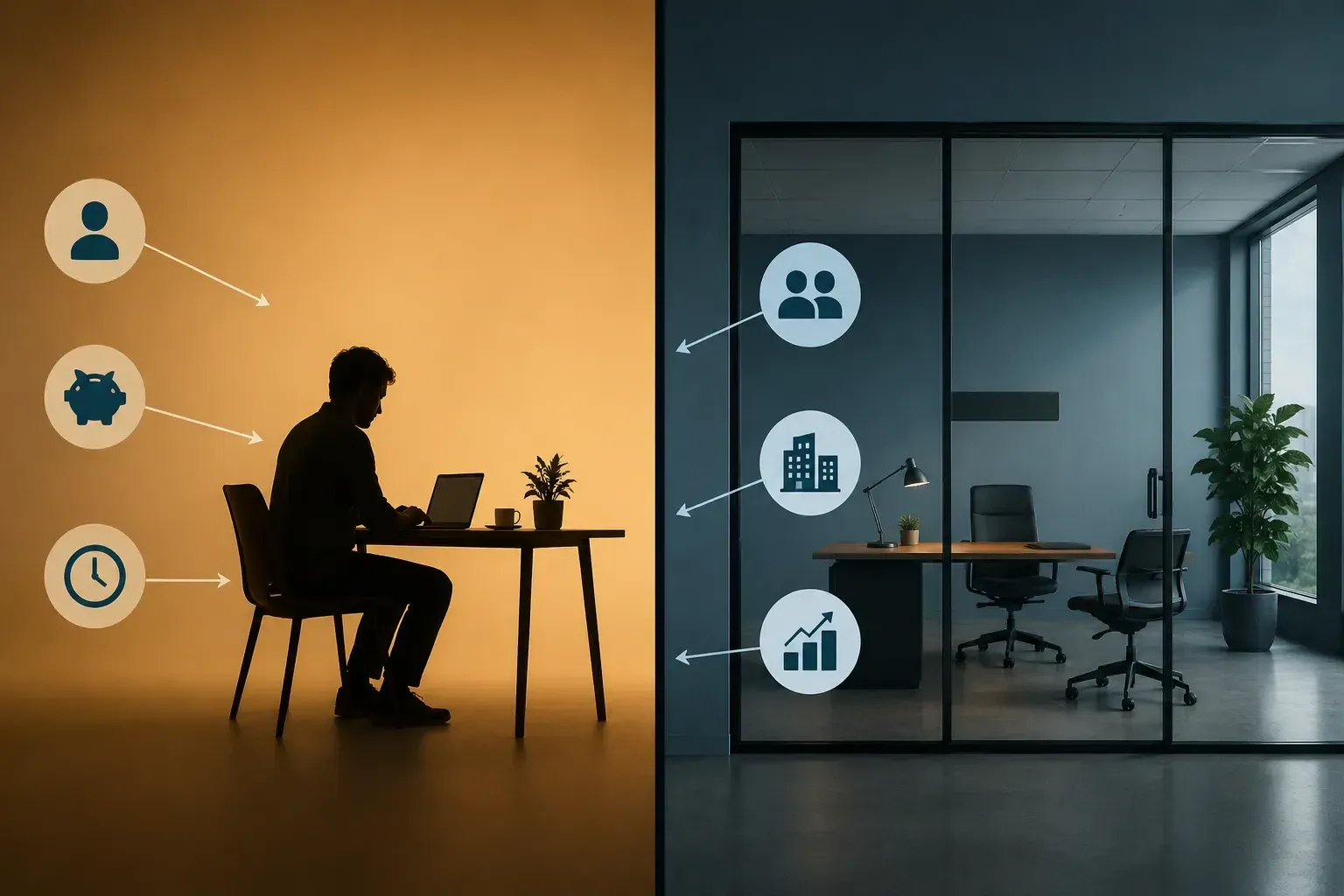 Links een zelfstandige alleen aan een bureau, rechts een kantoor met twee stoelen: eenmanszaak tegenover vennootschap